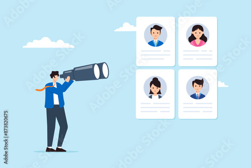 Recruiter using binoculars to look at candidate profiles long-range search detailed observation distant talent acquisition focused recruitment