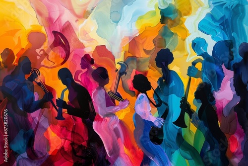 A vibrant painting depicting a group of people joyfully playing various musical instruments, An abstract representation of music and laughter filling the air at a lively gathering