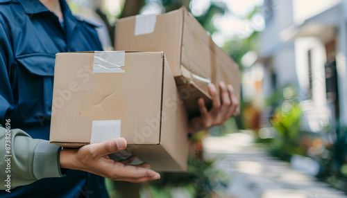 Close-up Of Two Mover's Hand In Uniform Carrying Cardboard Box