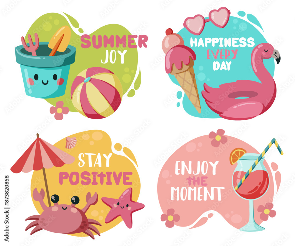 Summer stickers with cute hand drawn fruits and and lettering Summer stickers with cute hand drawn fruits and and lettering