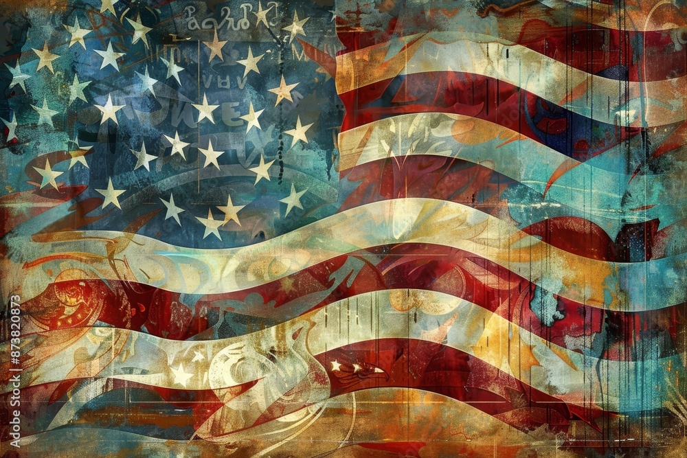 A modern rendition of the American flag, showcasing bold red, white, and blue colors in an abstract style, An abstract representation of the American flag with swirling patterns and textures A modern rendition of the American flag, showcasing bold red, white, and blue colors in an abstract style, An abstract representation of the American flag with swirling patterns and textures
