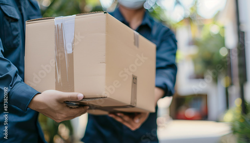 Close-up Of Two Mover's Hand In Uniform Carrying Cardboard Box