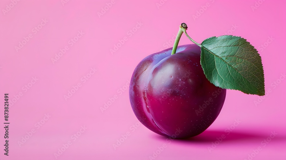 Plum with Leaf on Pink Background. Plum with Leaf on Pink Background.