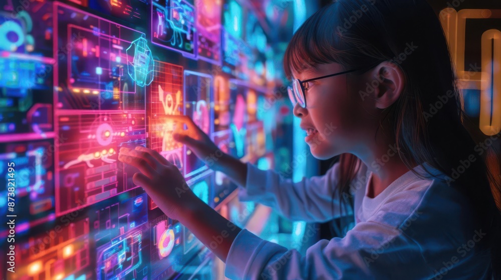 Young children using a digital memory game with animated characters, neon lighting, futuristic style, boosting concentration Young children using a digital memory game with animated characters, neon lighting, futuristic style, boosting concentration