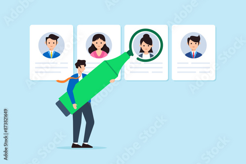 Vector illustration of businessman highlighting candidate profile with green marker marking top talent recognizing excellence standout candidates visual recognition