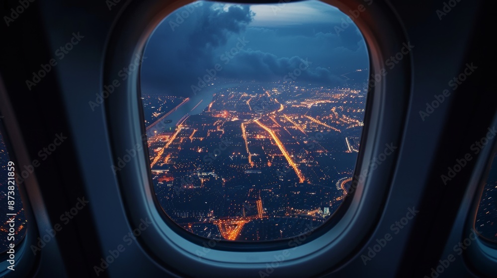 A straight on shot of an airplane window showing a dusk city night view A straight on shot of an airplane window showing a dusk city night view