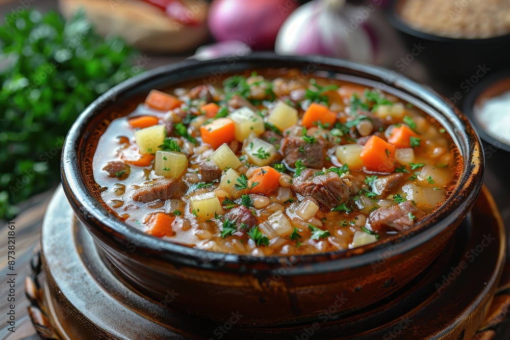 A bowl of rassolnik, a sour soup made with pickles, barley, and meat, garnished with fresh herbs. A bowl of rassolnik, a sour soup made with pickles, barley, and meat, garnished with fresh herbs.