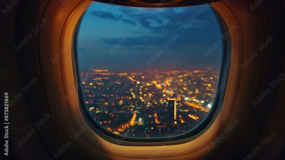 A straight on shot of an airplane window showing a dusk city night view A straight on shot of an airplane window showing a dusk city night view