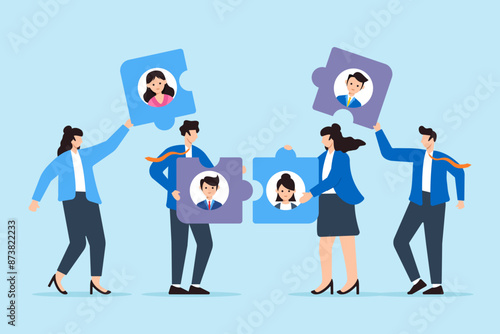 Flat illustration of HR team assembling jigsaw puzzle with candidate profiles fitting pieces together strategic hiring synergy detailed evaluation
