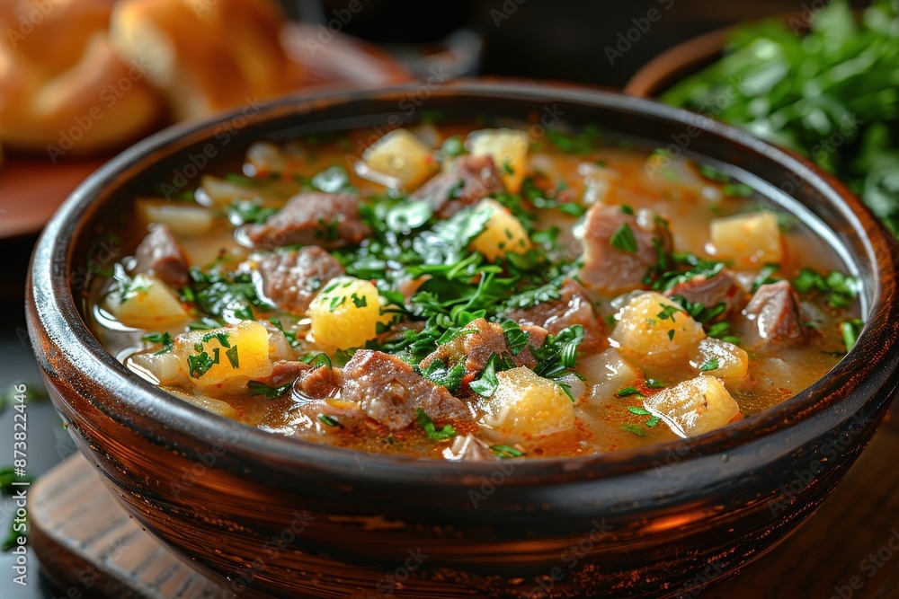 A bowl of rassolnik, a sour soup made with pickles, barley, and meat, garnished with fresh herbs. A bowl of rassolnik, a sour soup made with pickles, barley, and meat, garnished with fresh herbs.