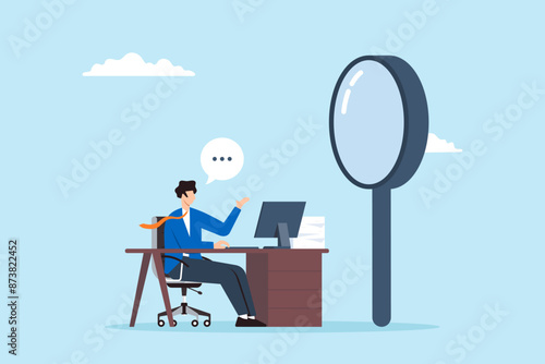 HR manager conducting interview with magnifying glass detailed candidate assessment thorough questioning focused recruitment meticulous hiring