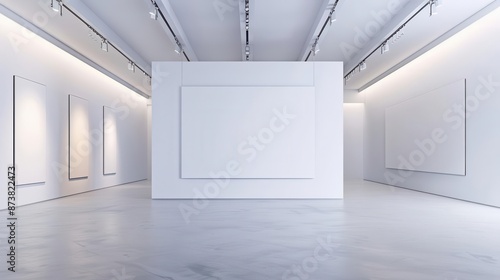 modern art gallery interior blank white canvas on pristine wall minimalist design soft ambient lighting © furyon
