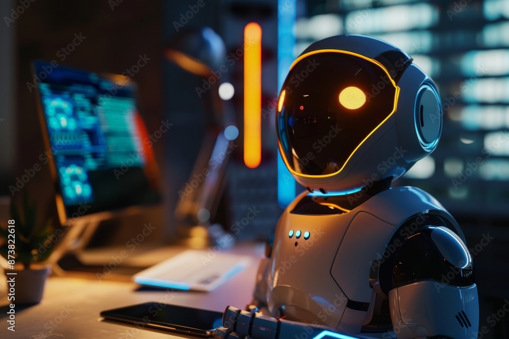 A robot is seated in front of a computer monitor, analyzing data and performing tasks, An AI-powered chatbot that assists with customer service inquiries and troubleshooting A robot is seated in front of a computer monitor, analyzing data and performing tasks, An AI-powered chatbot that assists with customer service inquiries and troubleshooting