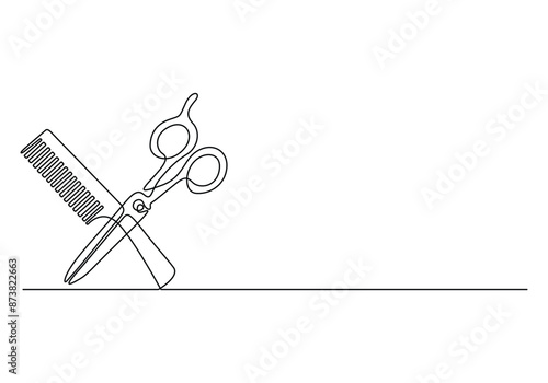 Scissor and comb continuous one line drawing vector illustration. Pro vector