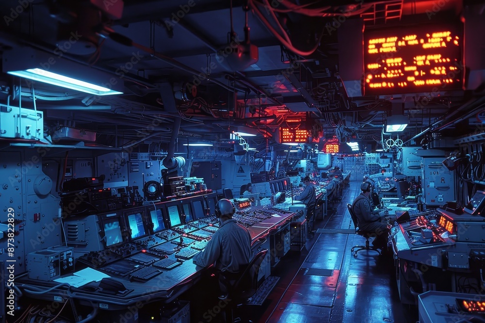 Obraz premium A large room packed with numerous computers buzzing with activity, An aircraft carrier interior bustling with activity as crew members work on flight decks and operate radar systems