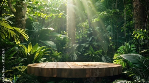 Fototapeta Naklejka Na Ścianę i Meble -  Wooden display podium set in a lush jungle forest with sunlight streaming through the foliage. Perfect for showcasing products, nature-themed presentations, and eco-friendly designs.