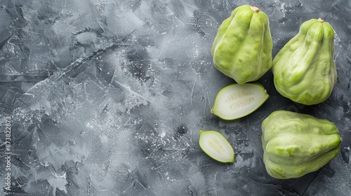 Whole and sliced chayote on a grey surface with room for writing photo