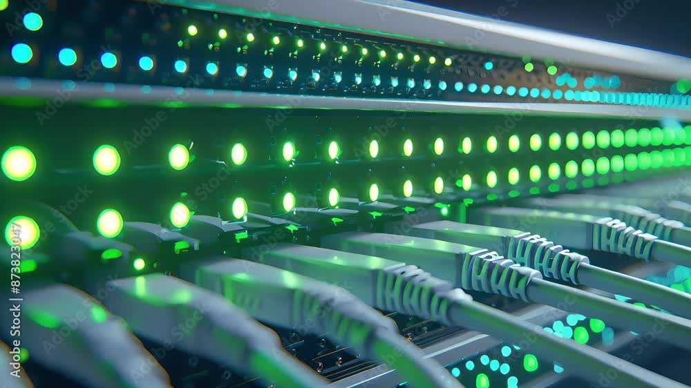 Sleek network hub with blinking green status lights. Telecommunications technology background video Sleek network hub with blinking green status lights. Telecommunications technology background video
