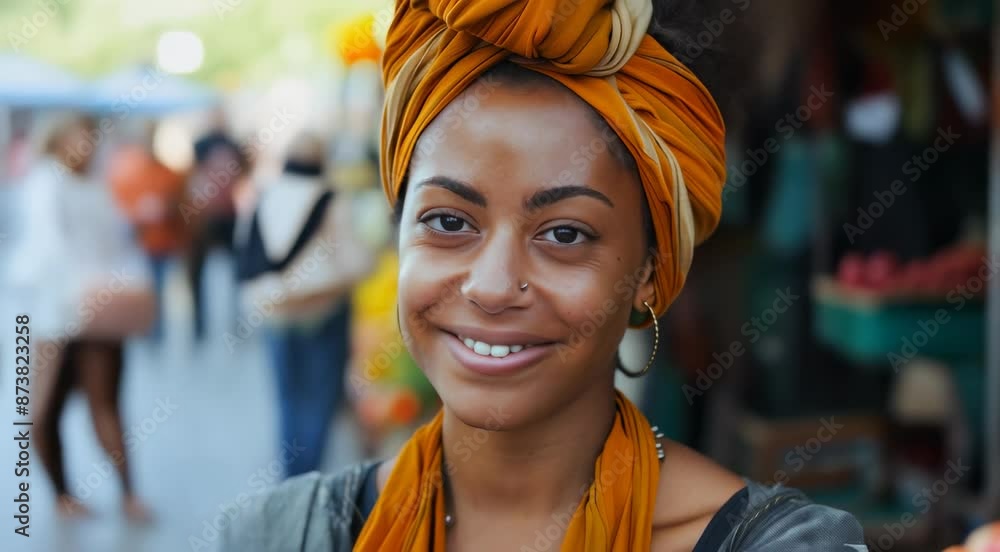 A woman Afro-Brazilian wearing a colorful head scarf is smiling. A woman Afro-Brazilian wearing a colorful head scarf is smiling.