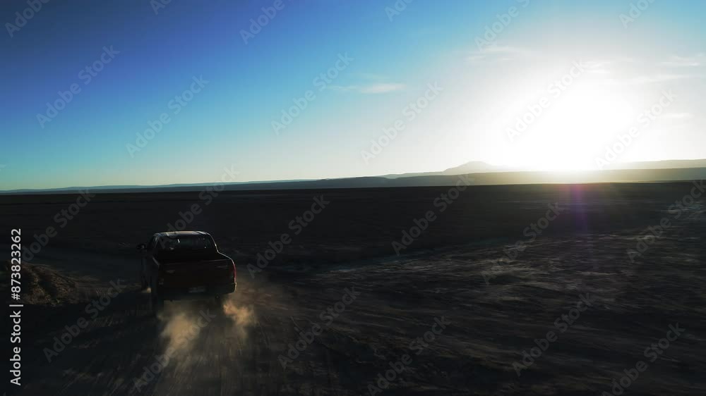 Aerial: Drone Panning Forward Shot Of Pick-Up Vehicle Moving On Dirt Road In Tranquil Desert - Atacama Desert, Chile Aerial: Drone Panning Forward Shot Of Pick-Up Vehicle Moving On Dirt Road In Tranquil Desert - Atacama Desert, Chile