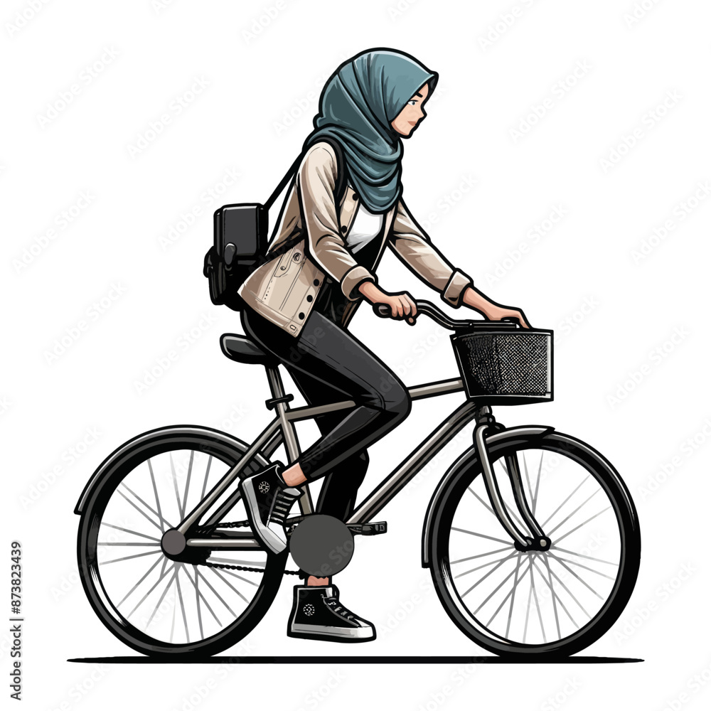 Obraz premium Cartoon woman wearing a hijab and riding a bicycle, representing fitness and active lifestyle.