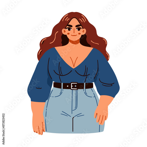 Cartoon plus-size woman in trendy outfit, standing confidently, promoting body positivity.