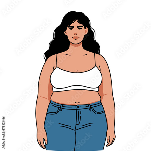 Cartoon illustration of a plus-size woman in a white crop top and jeans, promoting body positivity and self-love.