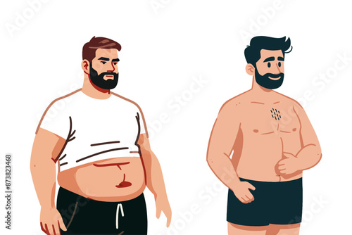 Cartoon illustration of a bearded man showing body transformation, from overweight to fit, promoting health and fitness.