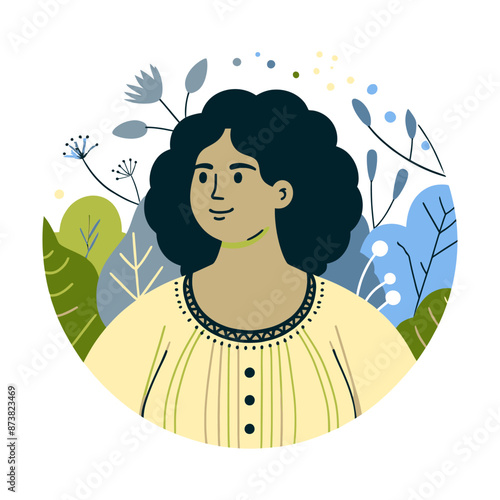 Cartoon illustration of a plus-size woman with a serene expression, surrounded by nature, promoting body positivity and self-acceptance.