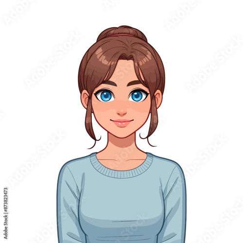 Vector illustration of a young woman with blue eyes and brown hair tied in a bun, wearing a blue sweater.