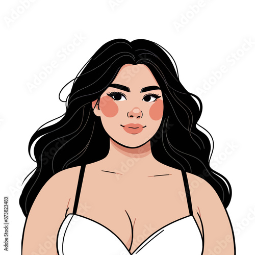 Illustration of a plus-size woman with long black hair, wearing a white top, exuding confidence and beauty.