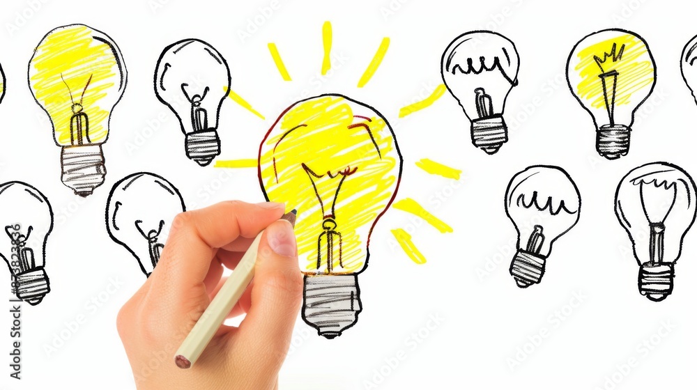 Hand drawing a light bulb with a pencil against white background with vignette Hand drawing a light bulb with a pencil against white background with vignette