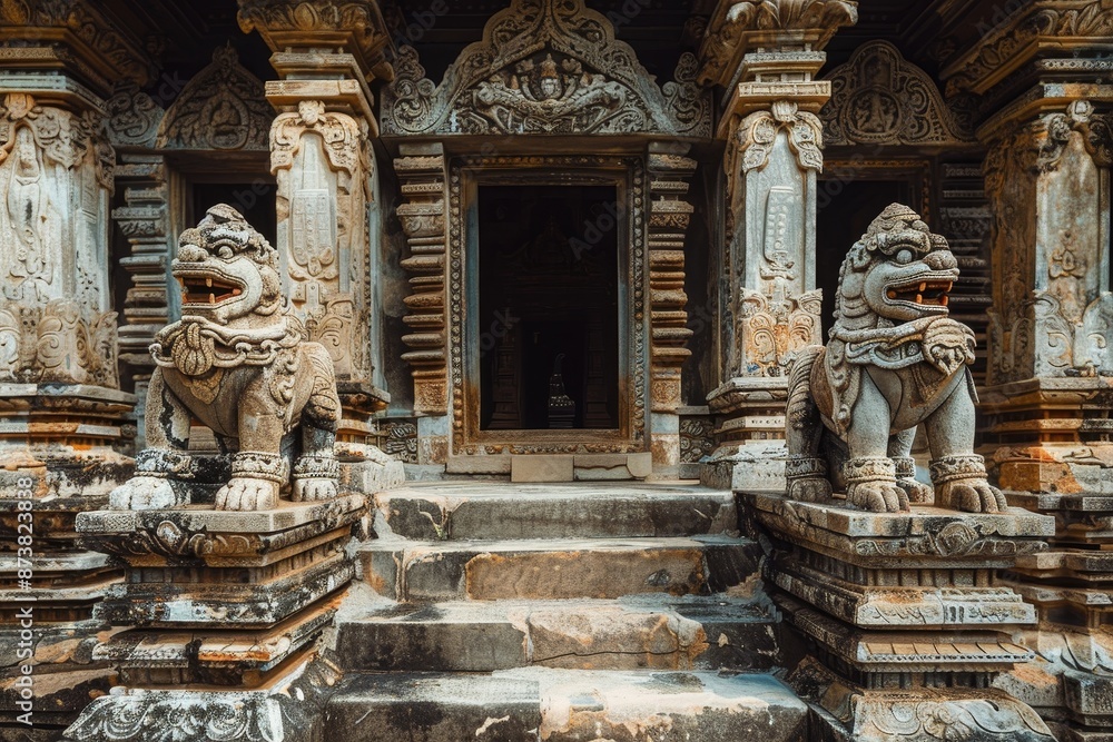 Several statues are positioned on top of stone steps at an ancient temple, creating a striking visual display, An ancient temple with ornate carvings and statues depicting mythical creatures Several statues are positioned on top of stone steps at an ancient temple, creating a striking visual display, An ancient temple with ornate carvings and statues depicting mythical creatures