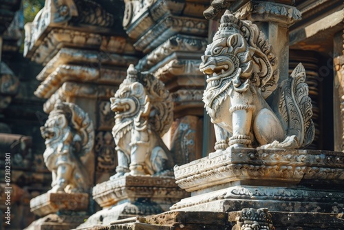 A detailed view of a lion statue perched on an ancient temples facade, An ancient temple with ornate carvings and statues depicting mythical creatures © Iftikhar alam