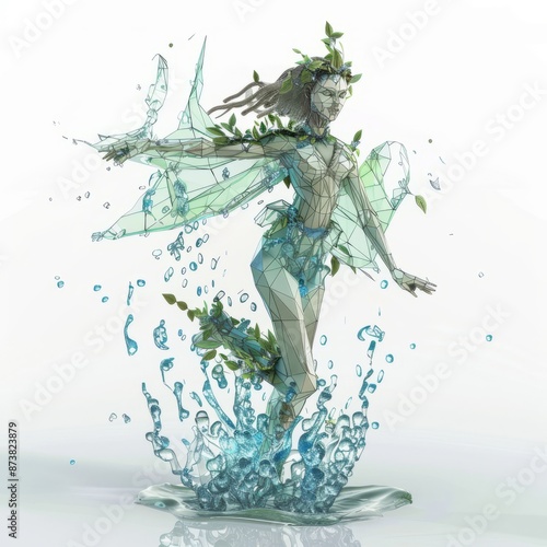 3D Render, Low Poly style of an aquatic elemental fairy with water droplets cascading around her, on isolated white background, Generative AI