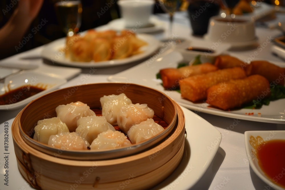 An array of delicate dim sum steamed dumplings placed on a table in a dimly lit room, An array of delicate dim sum, including steamed dumplings and crispy spring rolls An array of delicate dim sum steamed dumplings placed on a table in a dimly lit room, An array of delicate dim sum, including steamed dumplings and crispy spring rolls
