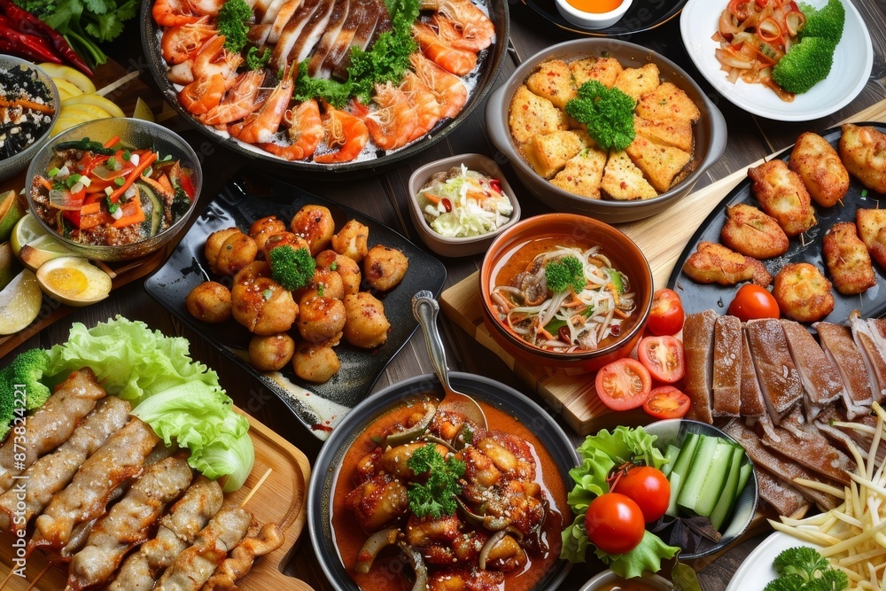 A variety of delicious food items covering a table, offering options for every taste preference, An array of mouthwatering options for every craving A variety of delicious food items covering a table, offering options for every taste preference, An array of mouthwatering options for every craving