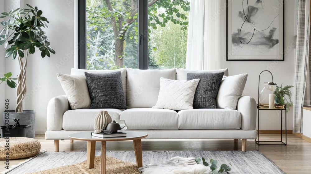 Fototapeta premium Scandinavian living rooms embody simplicity, functionality, and comfort, featuring lots of white, light woods, and colorful accents through accessories. 