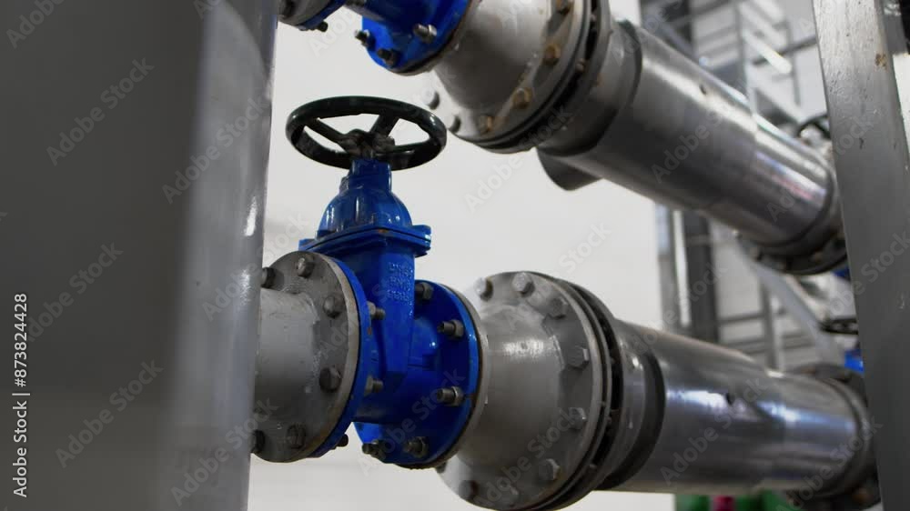 Pressure control round lever on metal pipeline at gas refinery plant closeup. Products distribution pipes system at chemical factory. Industrial equipment Pressure control round lever on metal pipeline at gas refinery plant closeup. Products distribution pipes system at chemical factory. Industrial equipment