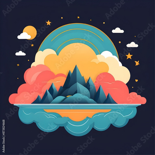 Dreamy Mountain Escape: A vibrant, stylized illustration featuring a mountain range nestled in fluffy clouds with a glowing sun and stars. The use of paper-like textures adds a whimsical touch