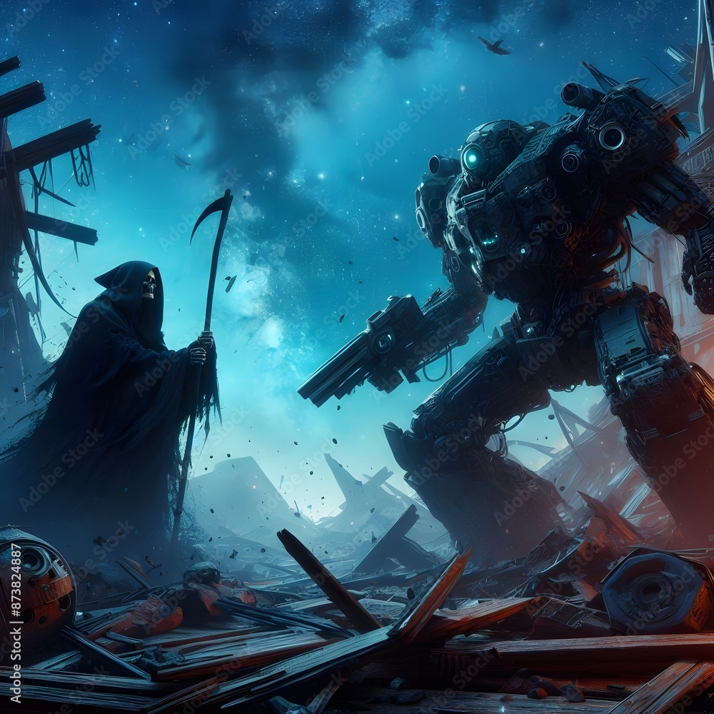 Apocalyptic Scene with Grim Reaper and Giant Robot Amidst Ruins Apocalyptic Scene with Grim Reaper and Giant Robot Amidst Ruins
