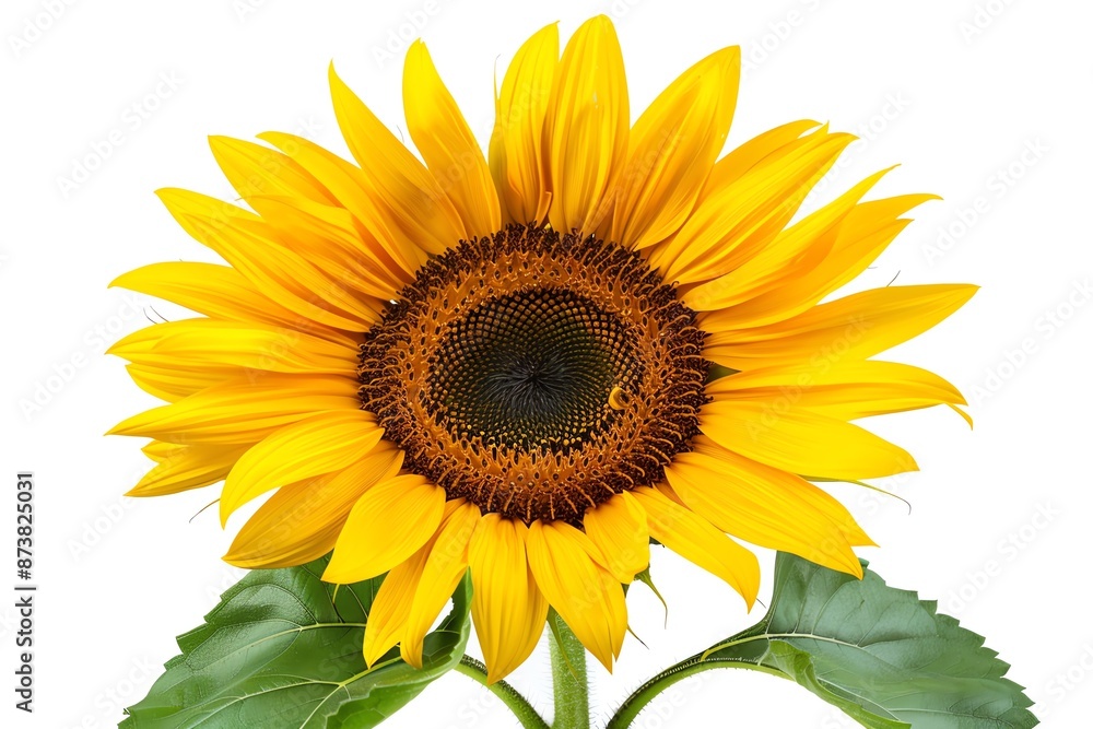 Fototapeta premium Close-up of a vibrant sunflower with yellow petals and a green stem, isolated on a white background. Perfect for nature and floral projects.