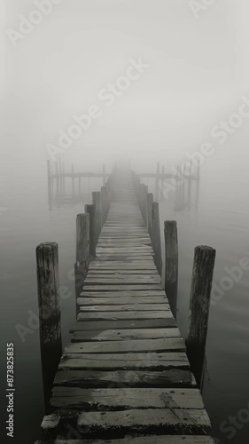 An empty pier fades into the fog creating a sense of desolation and abandonment in the harbor. Black and white art