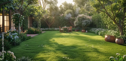 Sunny Morning Patio and Lush Green Backyard Landscape
