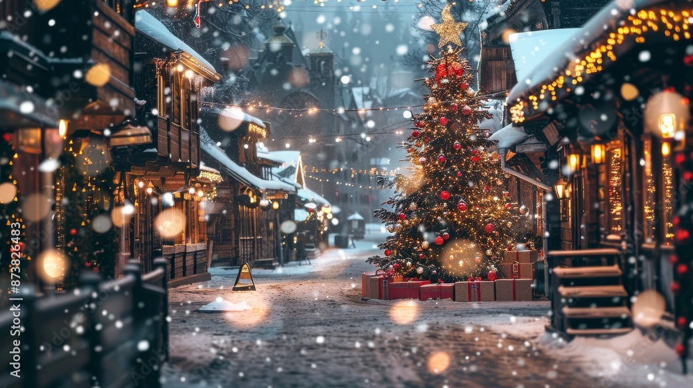 ** Festive Christmas Village Street at Night with Lights, Snowfall, and Decorated Tree ** Festive Christmas Village Street at Night with Lights, Snowfall, and Decorated Tree