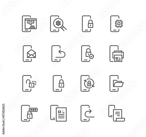 Set of mobile apps and technology icons, component, analytic and variety vectors.	

