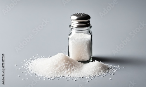 Salt shaker spilling salt onto a grey surface photo