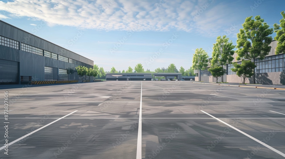 A large parking lot extends out, with several buildings in the back, including aircraft hangars, warehouses, or modern factories, symbolizing industrial and commercial infrastructure. A large parking lot extends out, with several buildings in the back, including aircraft hangars, warehouses, or modern factories, symbolizing industrial and commercial infrastructure.