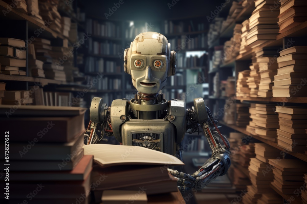 Robot librarian organizing books in a library Robot librarian organizing books in a library