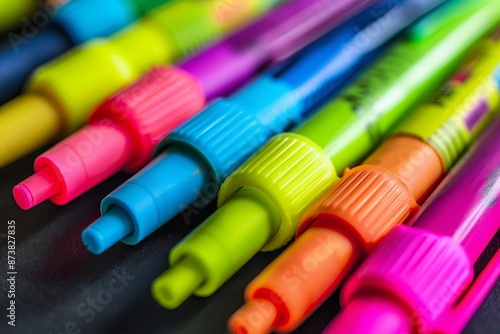 Close-up view of a variety of different colored pens and highlighters, An assortment of highlighters for studying